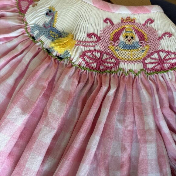 Vive La Fete Smocked Princess Dress Carriage Pink Gingham Baby Size 6 Months NWT - Picture 6 of 14